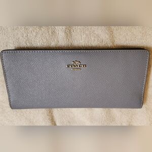 NWOT Authentic Coach Crossgrain Leather Slim Wallet in Twilight Blue and Silver
